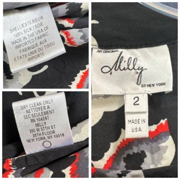 Milly Silk Floral Poppy Puff Sleeves Logo Print Button Top Blouse Oversize Shirt - Picture 7 of 15